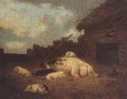 George Morland A Sow and Her Piglets in a Farmyard oil on canvas
